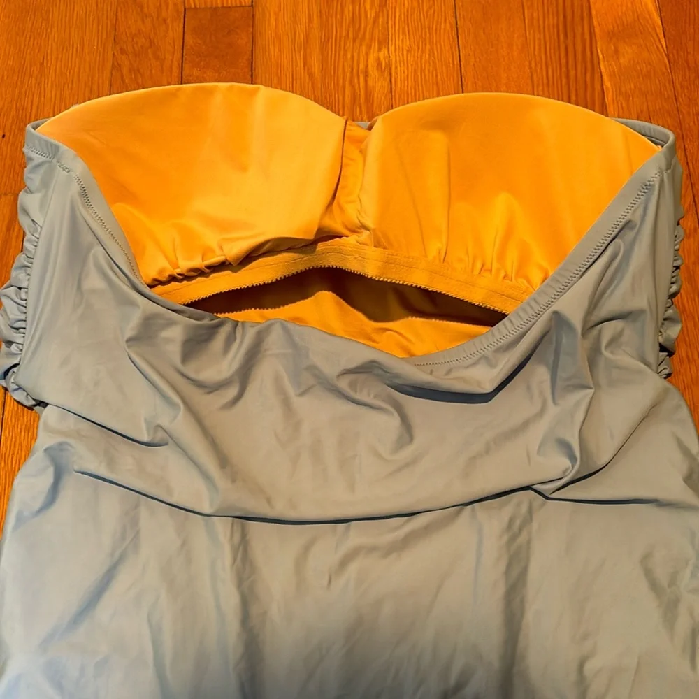 Reimagined by J Crew ruched bandeau one piece bathing suit in Pale Seascape